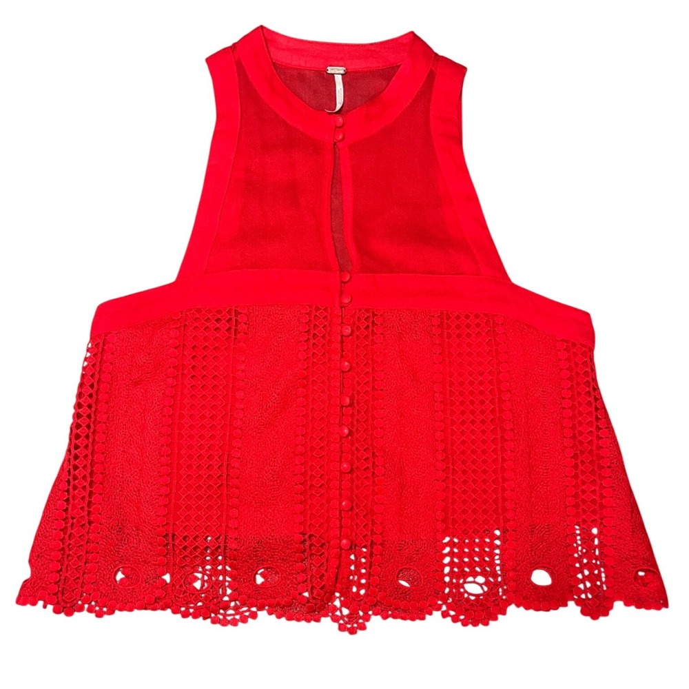 Free People Red Sleeveless‎ Crochet Lace Crop Top High Neck Button Front Small - Picture 2 of 9